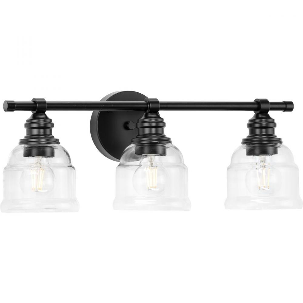 Ambrose Collection Three-Light Farmhouse Matte Black Clear Glass Bath Vanity Light